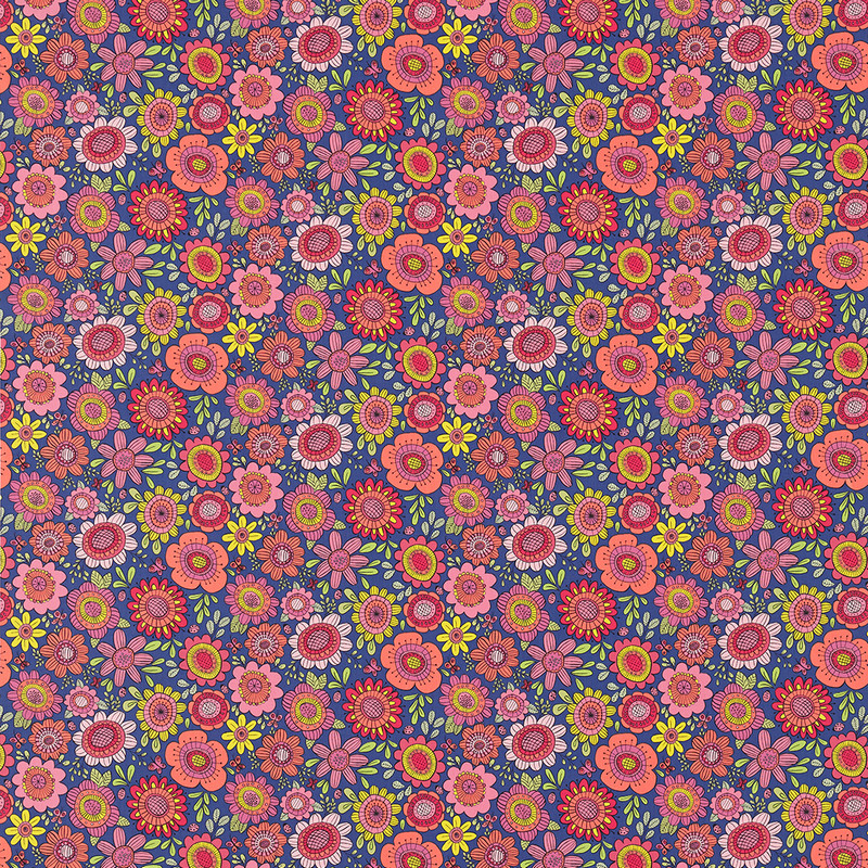 Bloomin Lovely Sherbet / Rhubarb / Denim Fabric by Scion