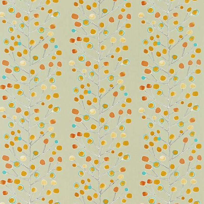 Berry Tree Neutral Tangerine Powder Blue And Lemon Fabric by Scion