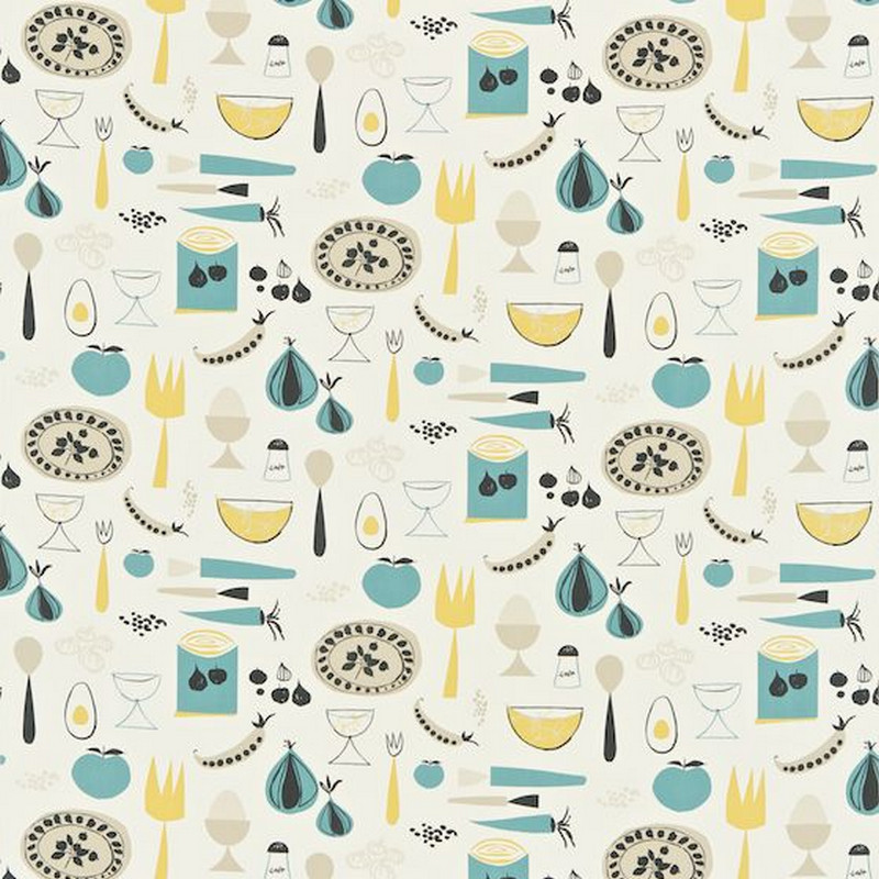 Carrots & Peas Chalk Lemon Neutral And Teal Fabric by Scion