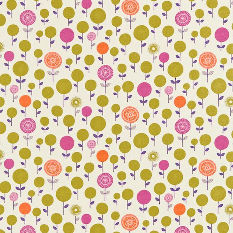 Lollipop Flower Neutral Olive Plum Tangerine And Fuchsia Fabric by Scion
