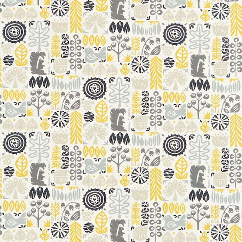 Woodland Chalk Lemon Charcoal And Neutral Fabric by Scion