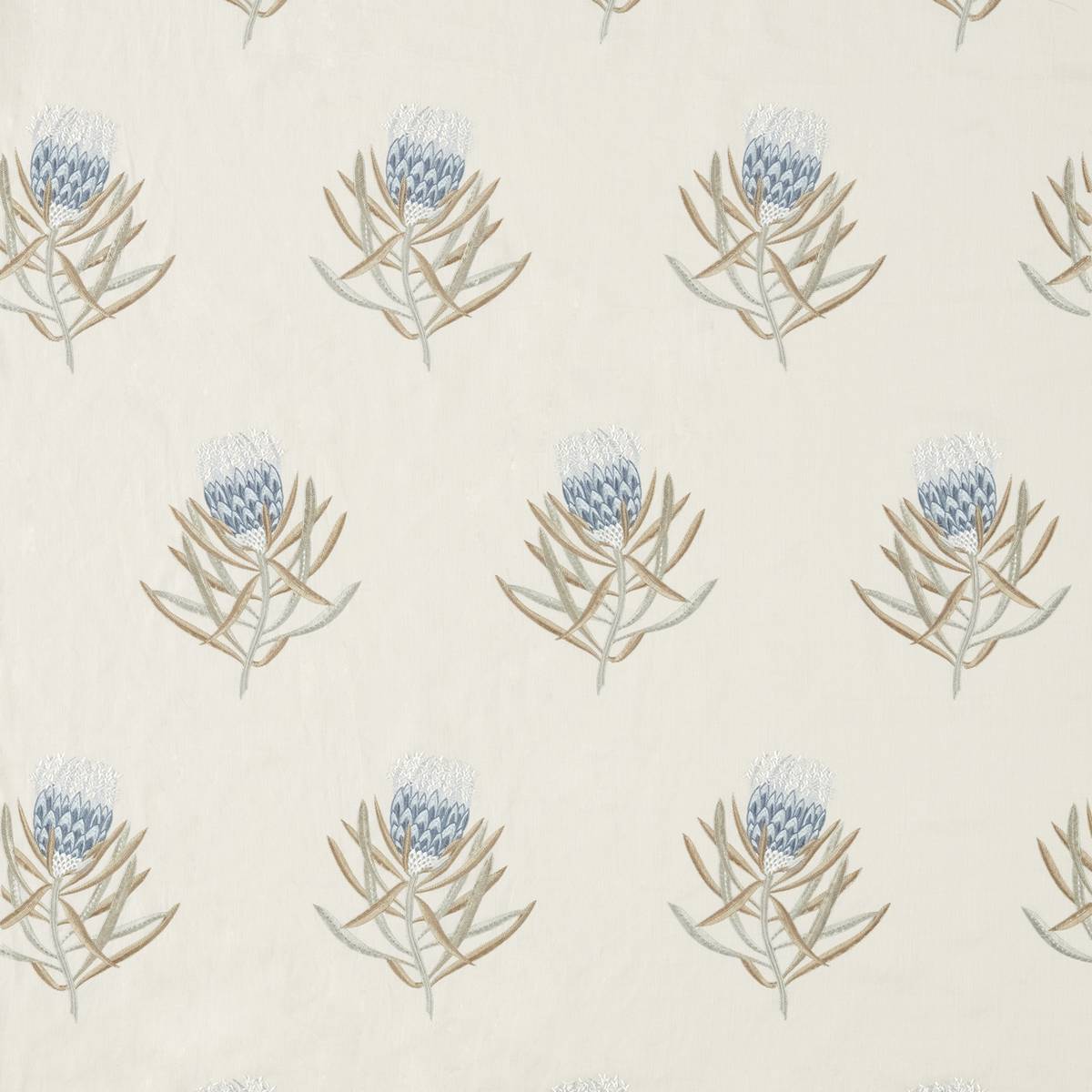 Protea Flower China Blue/Linen Fabric by Sanderson