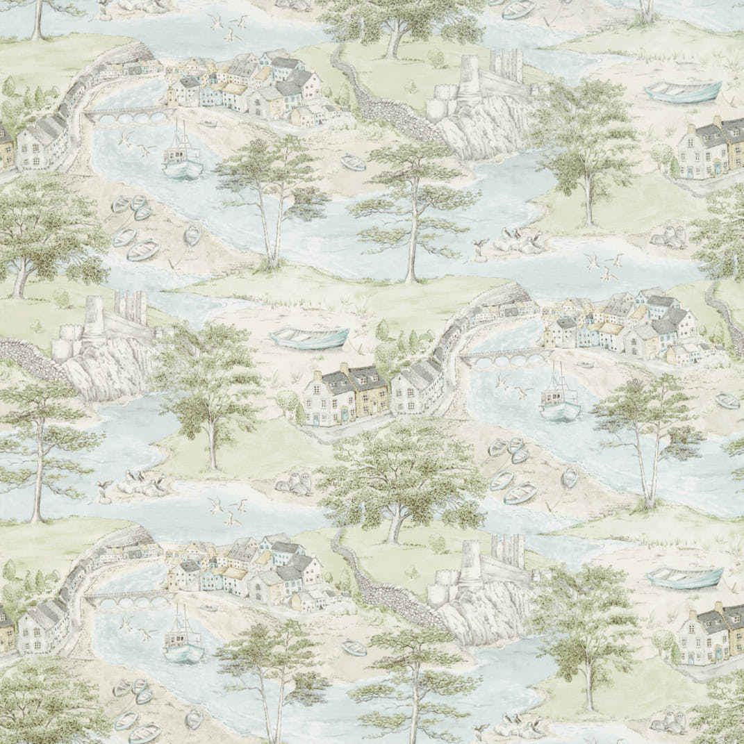 Sea Houses Tidewater Blue Fabric by Sanderson