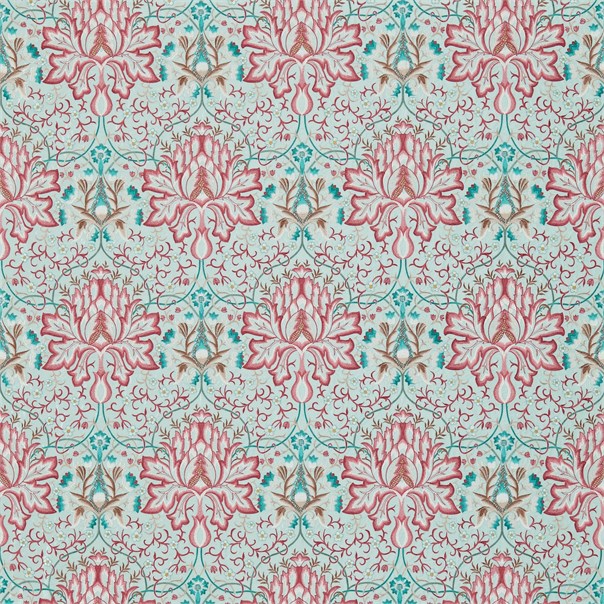 Artichoke Embroidery Aqua/Coral Fabric by William Morris & Co.