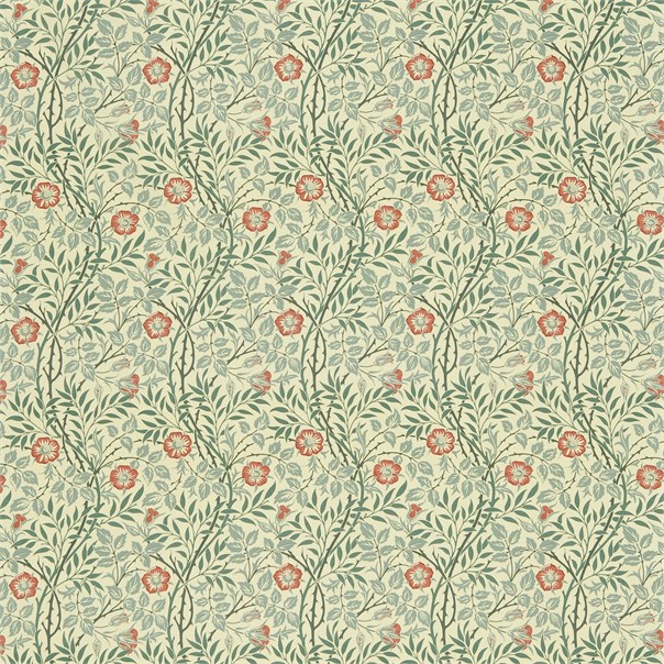 Sweet Briar Green/Coral Fabric by William Morris & Co.