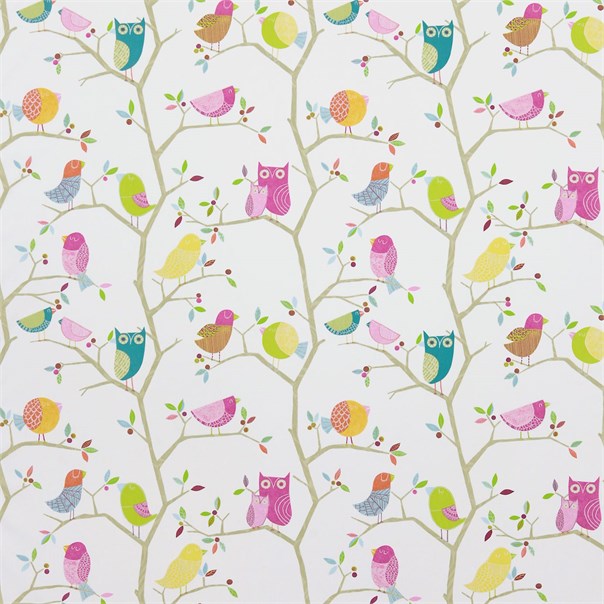 What A Hoot Pink Aquamarine Lime and Natural Fabric by Harlequin