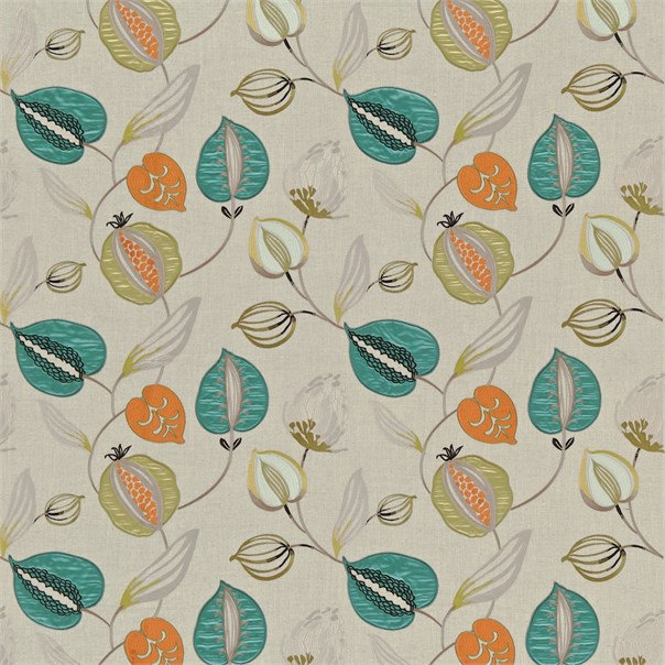 Tembok Hessian Teal Tangerine Mushroom Fabric by Harlequin