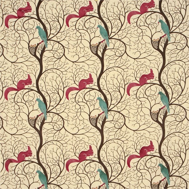 Squirrel & Dove Embroidery Teal/Red Fabric by Sanderson