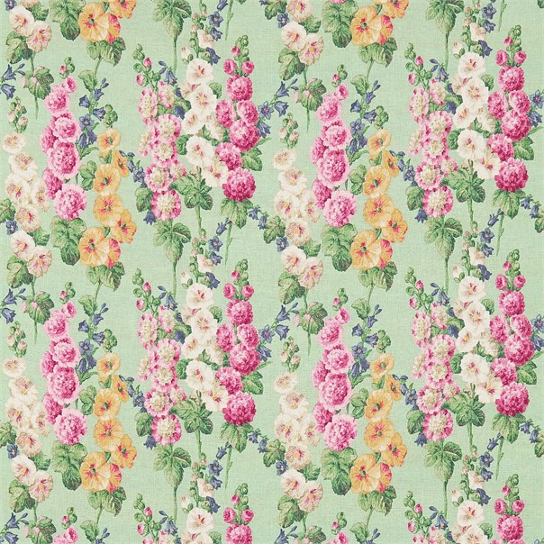 Hollyhocks Mint/Pink Fabric by Sanderson