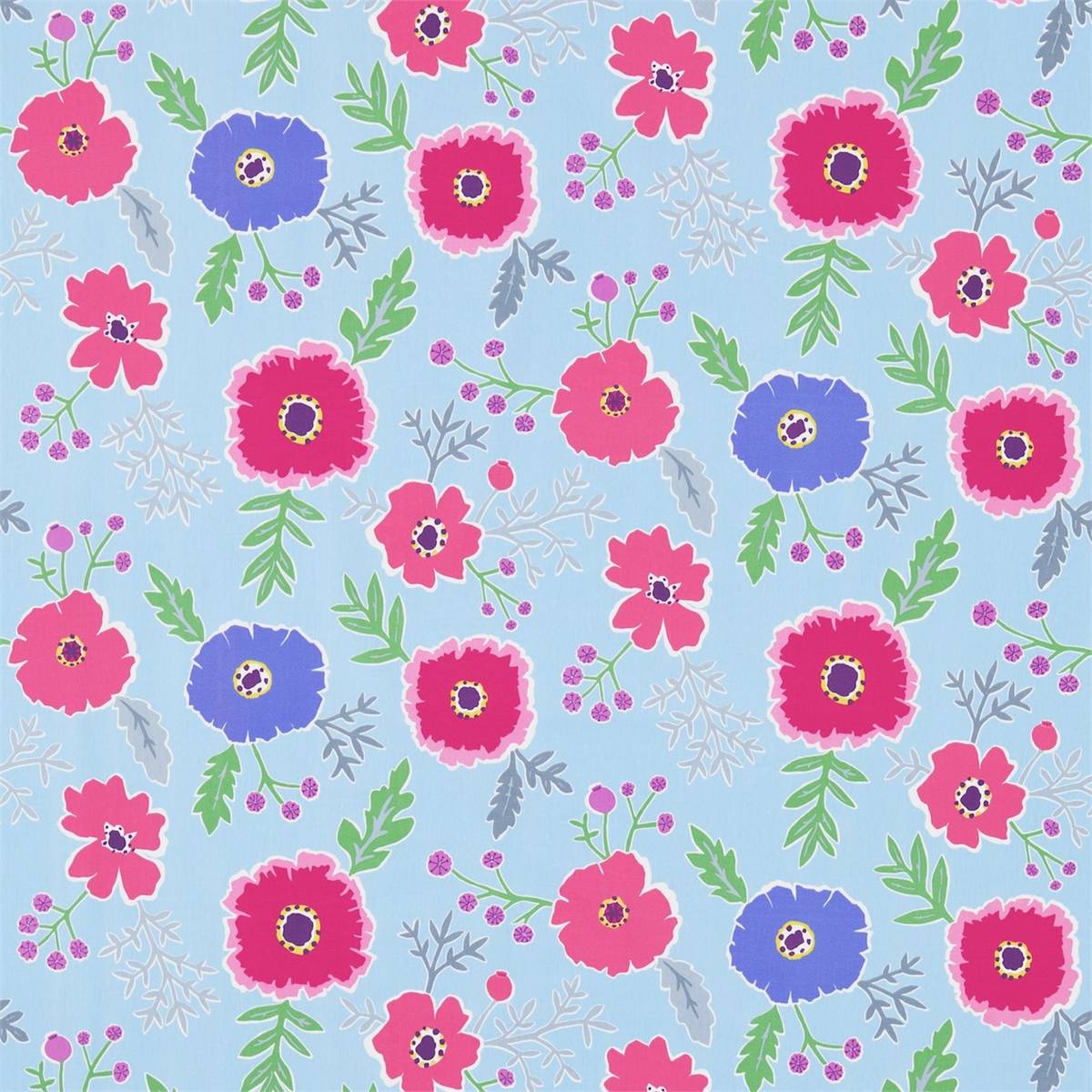 Wind Poppies Powder Blue/Fuchsia Fabric by Sanderson