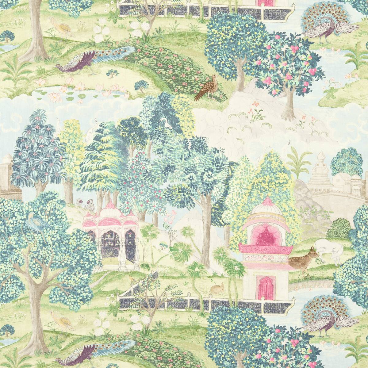 Peacock Garden Moss/Pink Fabric by Zoffany