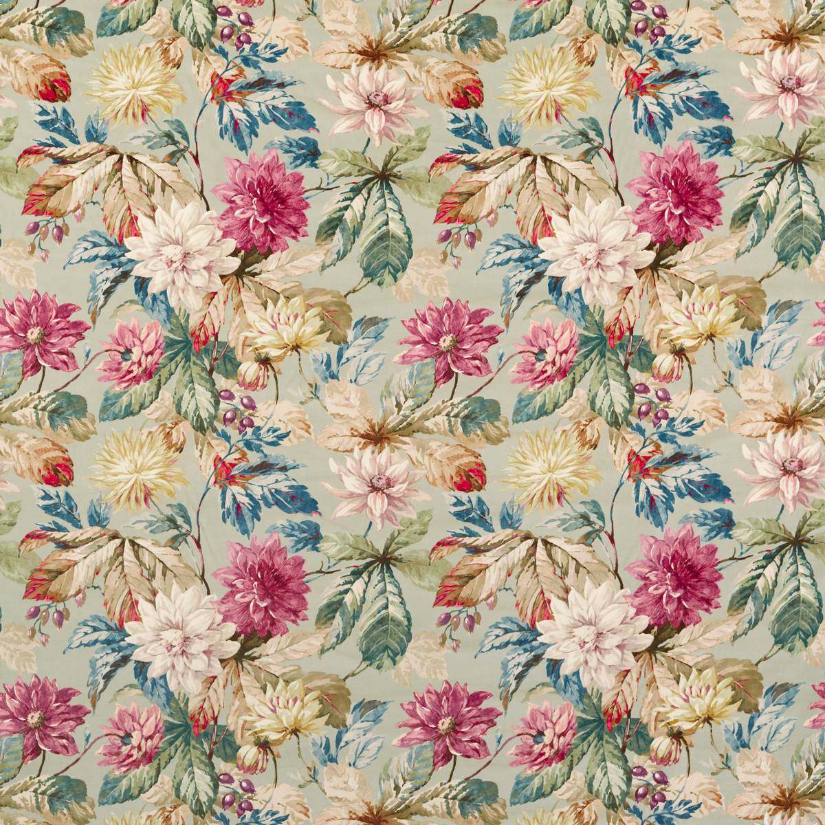 Dahlia & Rosehip Mulberry/Grey Velvet Fabric by Sanderson