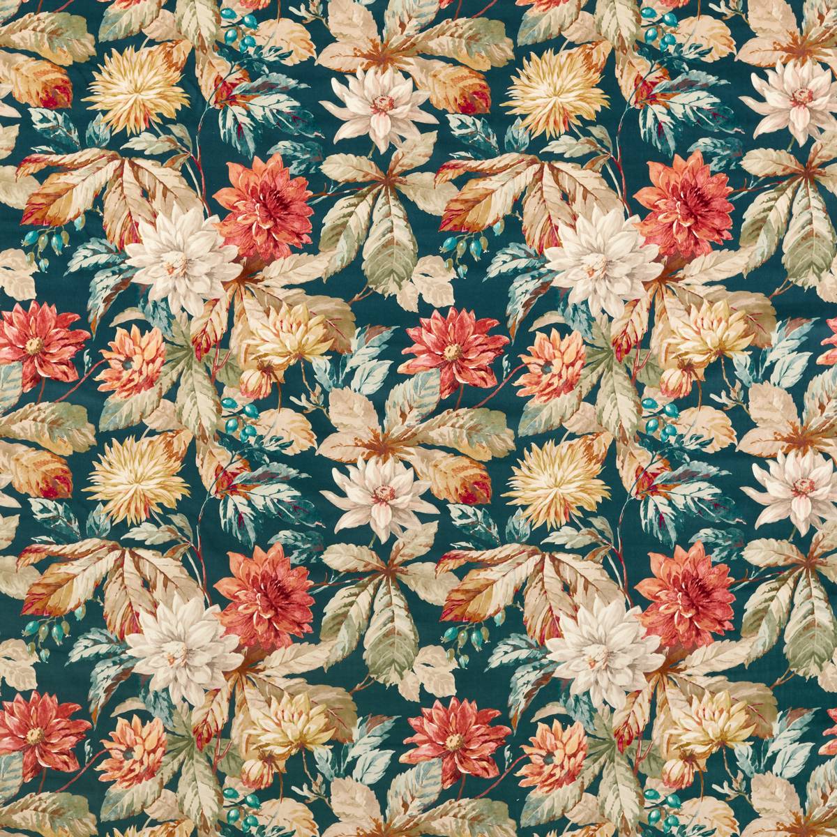 Dahlia & Rosehip Teal/Russet Velvet Fabric by Sanderson