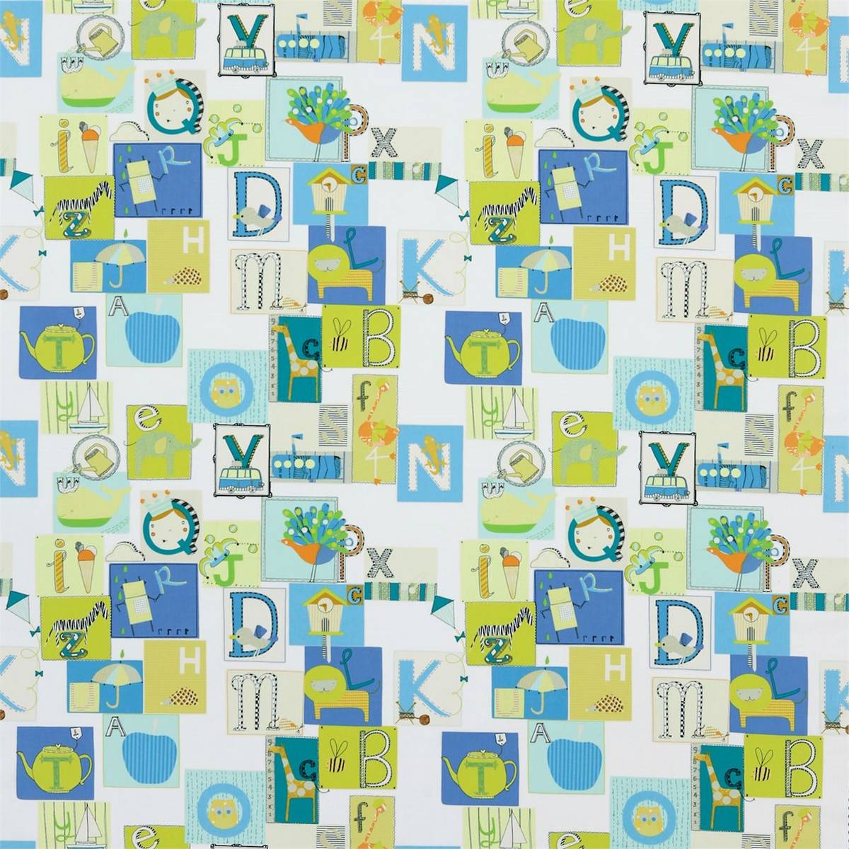 Little Letters Emerald Apple Ocean And Neutrals Fabric by Harlequin