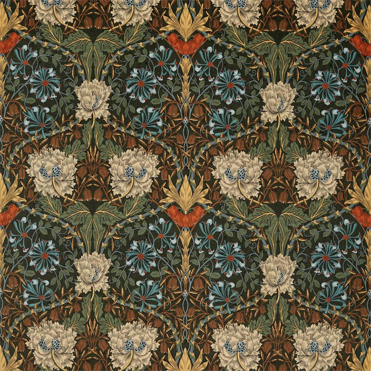 Honeysuckle Tulip Velvet Forest/Chestnut Fabric by William Morris & Co.