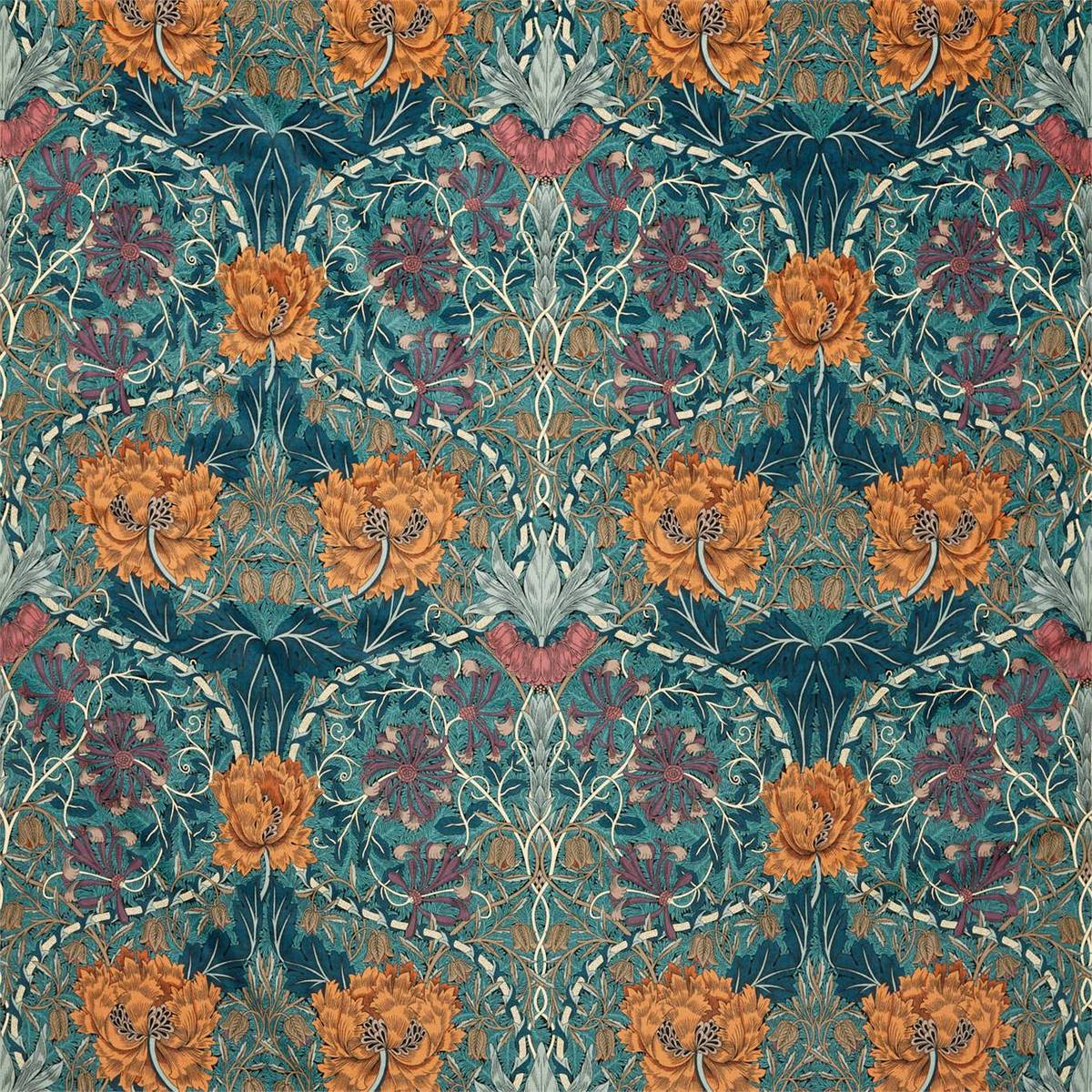 Honeysuckle And Tulip Velvet Woad/Mulberry Fabric by William Morris & Co.
