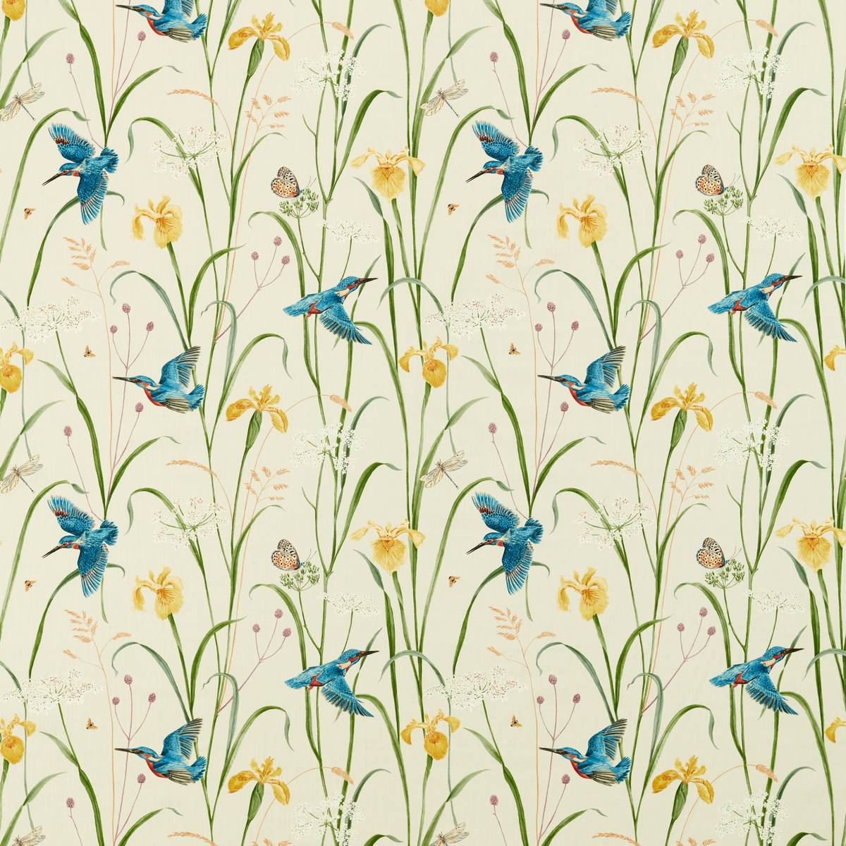 Kingfisher & Iris Azure/Linen Fabric by Sanderson