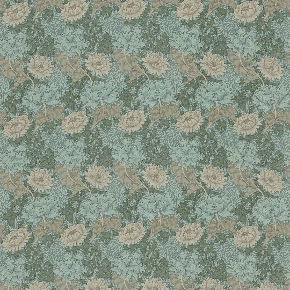 Chrysanthemum Green/Biscuit Fabric by William Morris & Co.