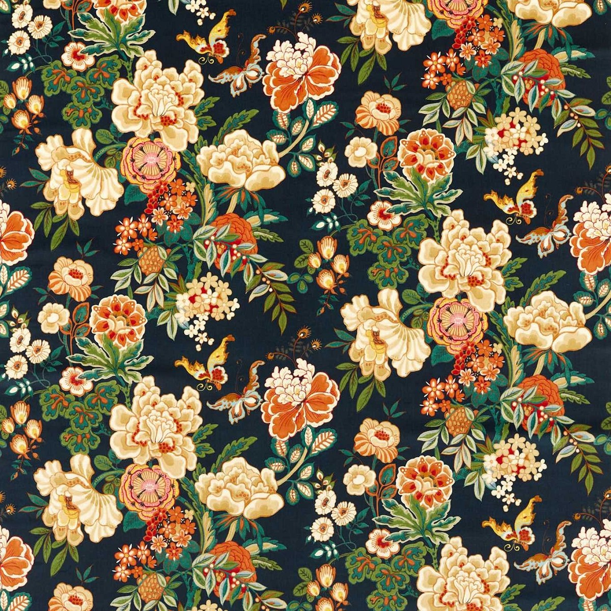 Emperor Peony Midnight/Apricot Fabric by Sanderson