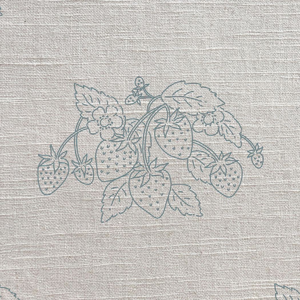 Strawberries Duck Egg Linen Fabric by Sophie Allport