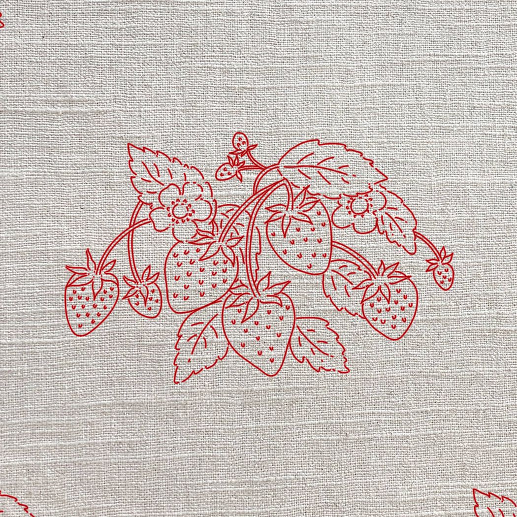 Strawberries Pink Red Linen Fabric by Sophie Allport