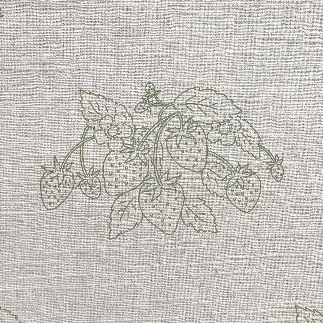 Strawberries Sage Linen Fabric by Sophie Allport