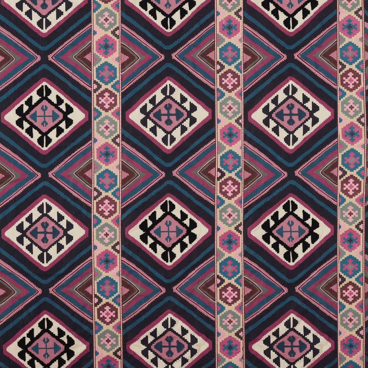 Dorothys Kilim Barbed Berry/Indigo Fabric by William Morris & Co.