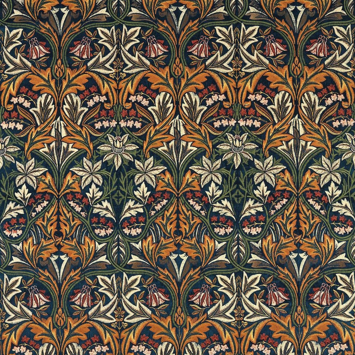 Bluebell Embroidery Indigo/Russet Fabric by William Morris & Co.