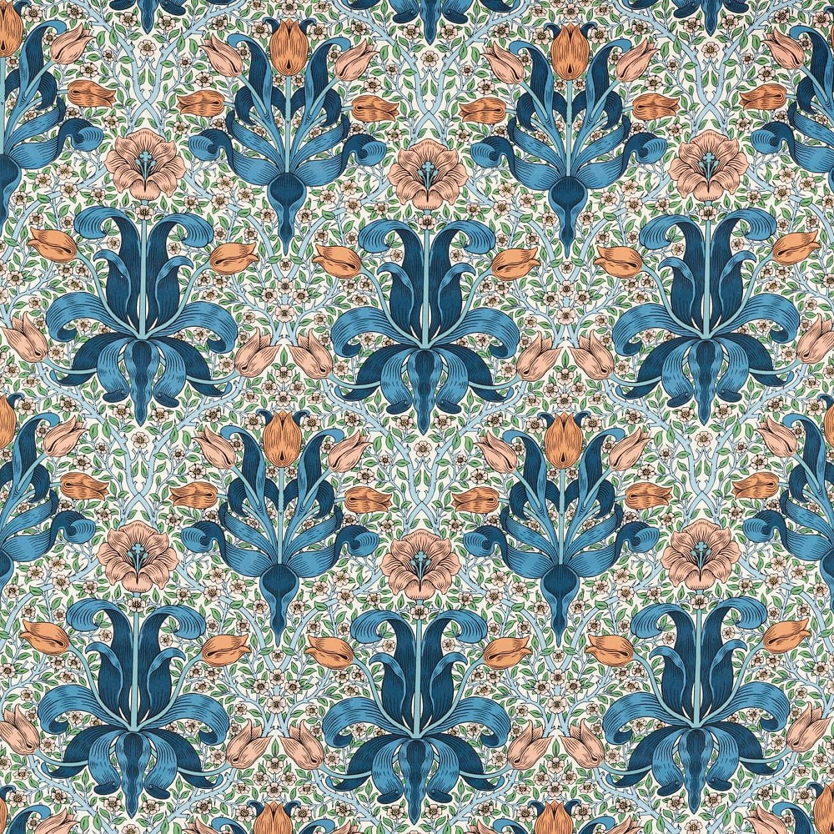 Spring Thicket Paradise Blue/Peach Fabric by William Morris & Co.