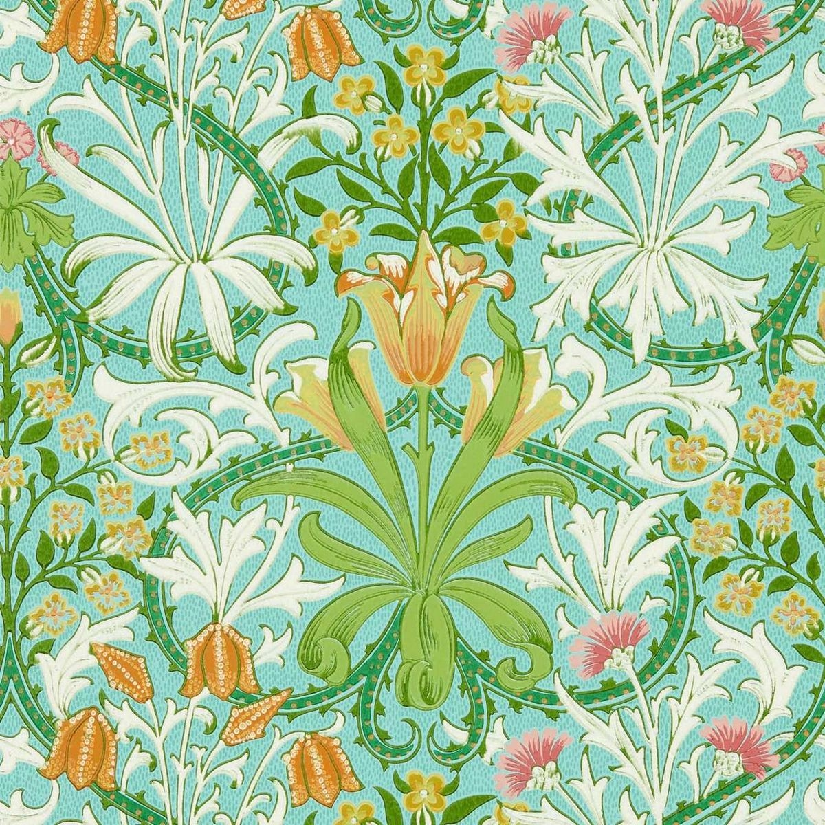 Woodland Weeds Orange/Turquoise Fabric by William Morris & Co.
