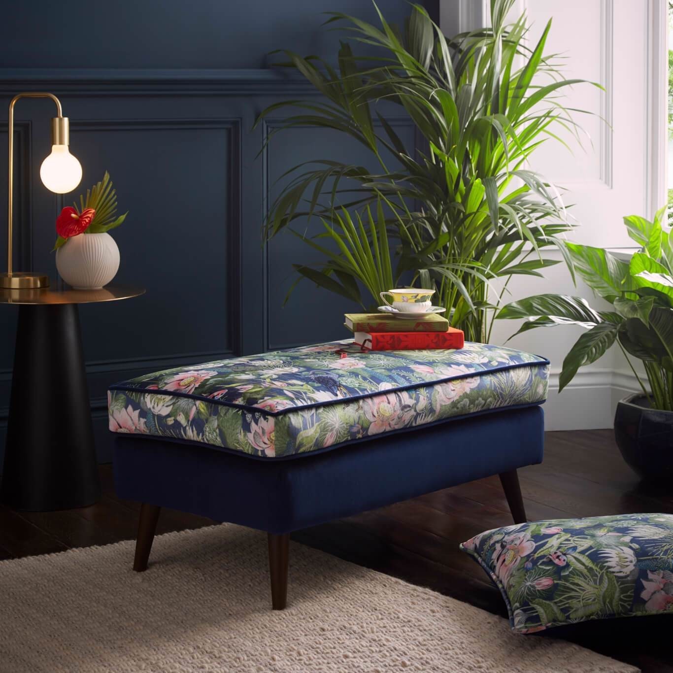 Midnight Waterlily Footstool Fabric by Wedgwood