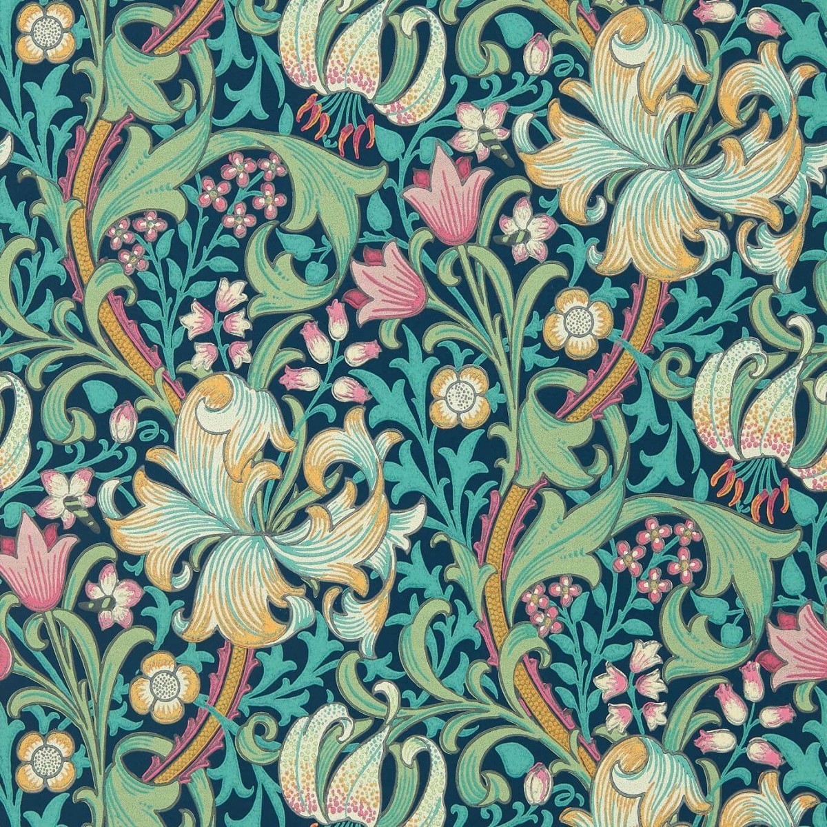 Golden Lily Galactic Ink Fabric by William Morris & Co.