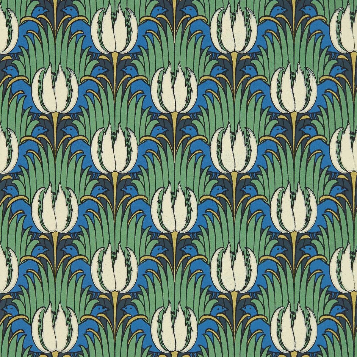 Tulip & Bird Goblin Green & Raven Fabric by William Morris & Co.
