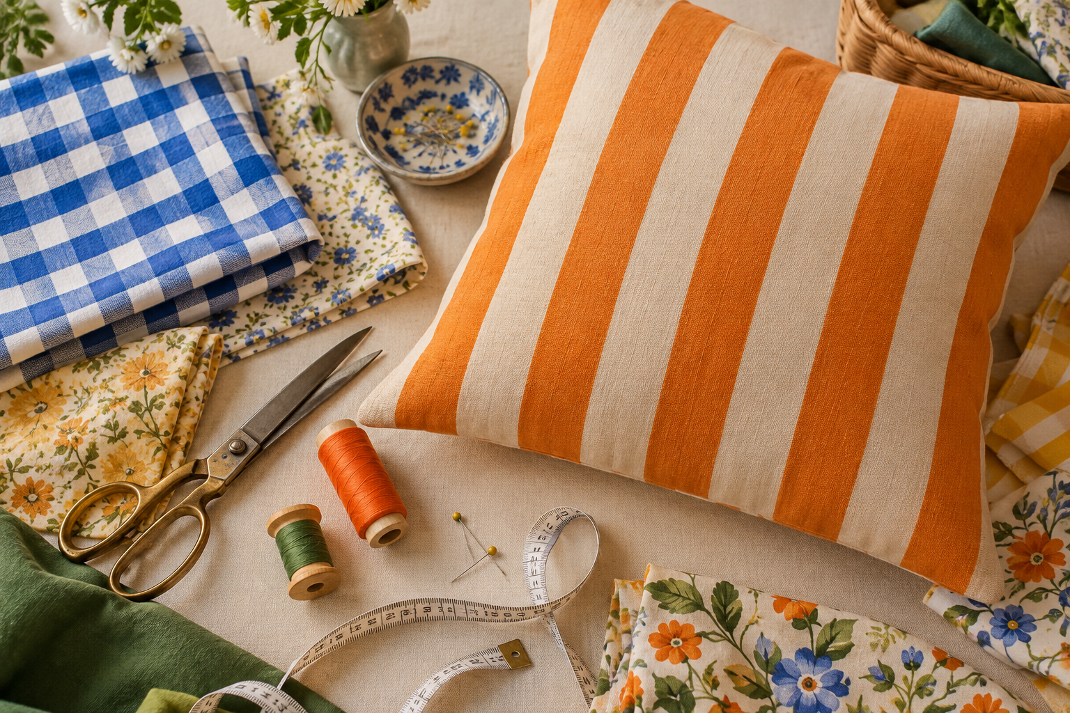 A handmade striped cushion with coordinating fabrics and sewing tools